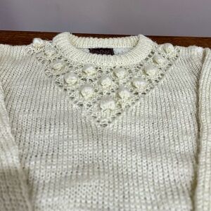 Chic Cream Sweater with Crochet Yoke Details